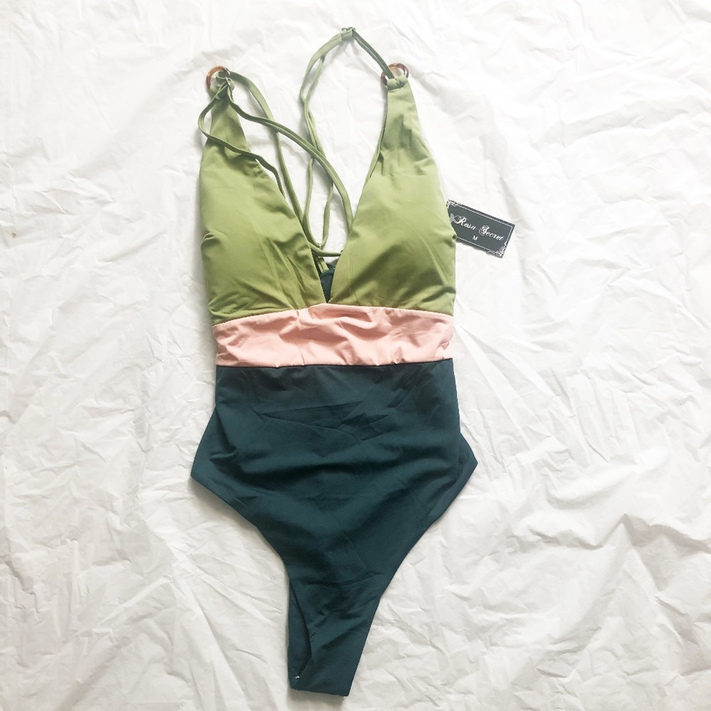 NWT Rosa Secret Green & Pink One Piece Bathing Suit Medium